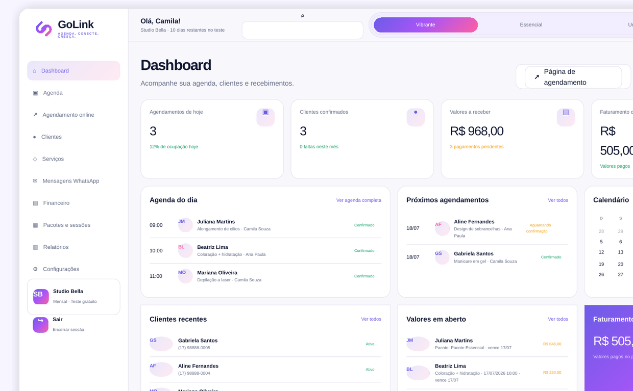 Tela do dashboard GoLink